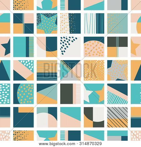 Contemporary Geometric Teal, Green, Apricot, Blue Square  Tiled Repeat  Vector Pattern.  Suitable Fo