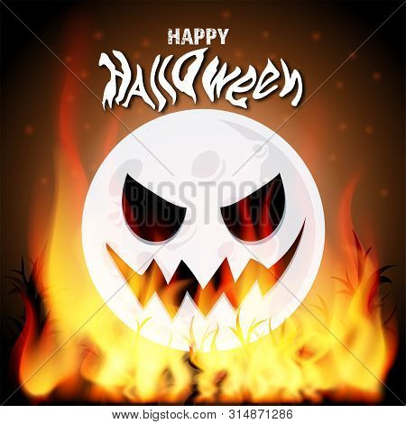 Happy Halooween Vector Illustration With Scary Smiling Moon On Orange Night Sky With Spooky Forest F