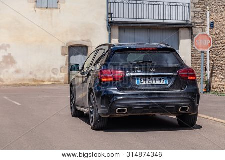 France Lyon 2019-06-20 Closeup Back Luxury Dark Blue German Car Hatchback Premium Mercedes Gla 200 D