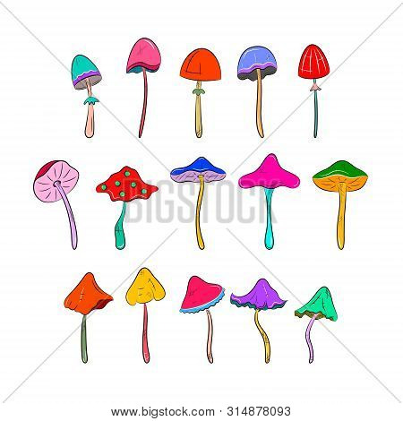 Colorful Mushrooms Set Icons. Cartoon Vector Illustration. Hallucinogenic Fantasy Mushrooms.
