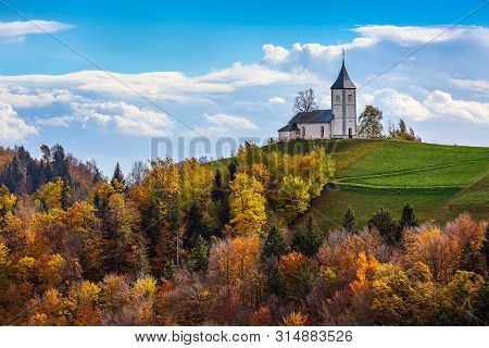 Autumn Panorama With Saints Primus And Felician Church On Top Of Hill In Slovenian Countryside, Slov