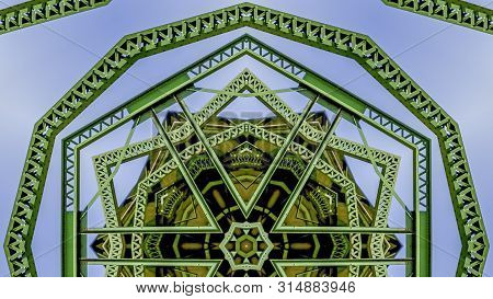 Panorama Frame Patterned Cirlcular Photo Created From The Shapes Of A Green Bridge In California