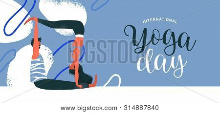International Yoga Day Banner Illustration Of Happy Couple Doing Meditation Exercise. Partner Yoga O