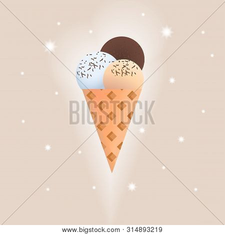 Vector Illustration Of Ice Cream. Ice Cream Waffle Cone With Tree Different Ice Cream Balls.