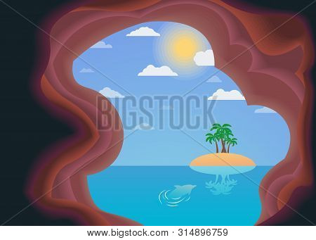 Vector Illustration Of A Sea, The Sun, A Sandy Island. View From A Grotto On A  Island With Palms, S