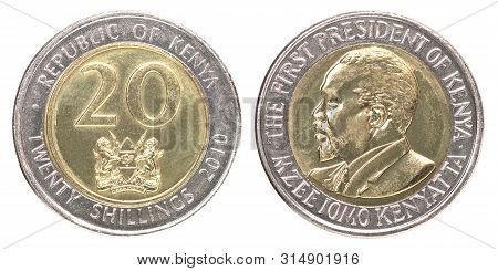20 Shilling Coin Kenya Isolated On White Background - Set