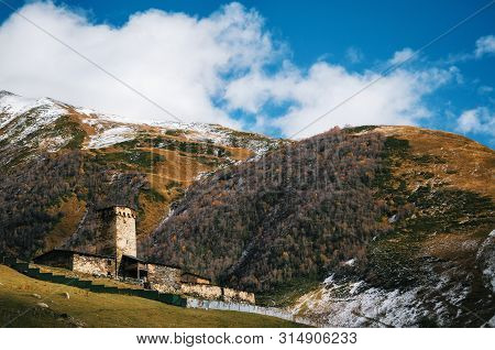 Lamaria Old Church In Village Ushguli Upper Svaneti Region In Autumn, Georgia