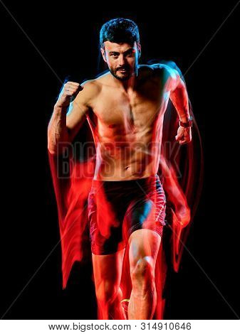 one caucasian topless muscular mature man runner. running jogger jogging isolated on black background with light painting speed mouvement effect