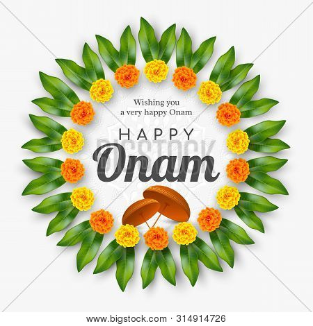 Onam Festival Background For South India Kerala Traditional Celebration. Floral Wreath With Umbrella