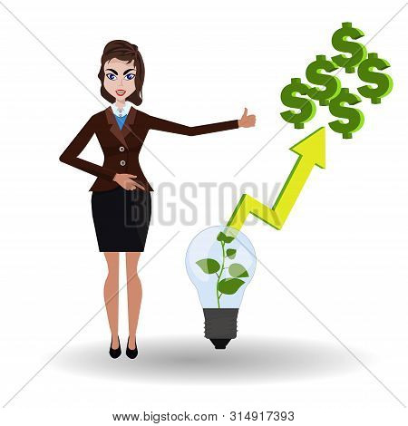 Beatifull Businesswoman Pointing To Money Idea From Lamp With Green Plant With Araise Arrow To Dolla