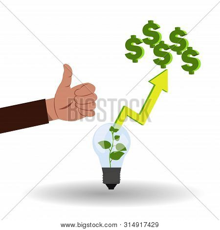 Good Business Idea Vector Illustration With Hand With Like And Lamp Idea, Where Growing Green Money 
