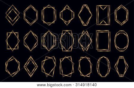 Glowing Golden Polygonal Frames Set Isolated On Black Background.