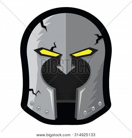 Old Cartoon Helmet Mascot Logo Design. Greek Military Helmet Icon Isolated On White Background. Roma