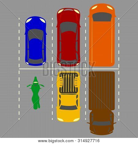 Vector Illustration City Parking Lot With A Set Of Different Cars. Public Car-park. Flat Illustratio