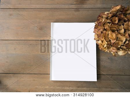 Blank Magazine Or Brochure On Wooden Background Texture, Top View And Space For Text Emplate For You