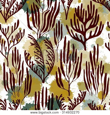 Coral Reef Seamless Pattern. Paint Splashes Drops Watercolor Background. Natural Summer Pattern. Car