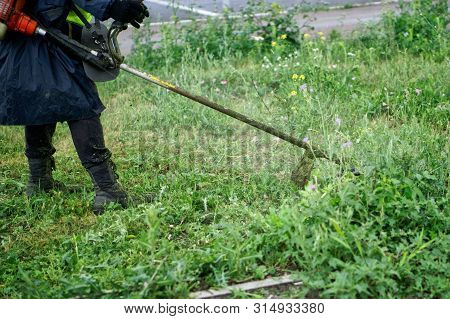 A Man Mows Weeds And Grass On A City Lawn Using A Hand-held Lawn Mower. Summer Day.