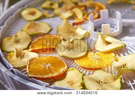 Apple And Orange Chips Cooked In A Dehydrator, Close-up. The Theme Of Healthy Eating