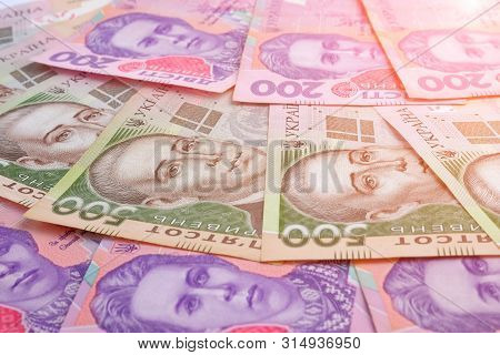 Ukrainian Banknotes Value Of 500 And 200 Hryvnia Uah As Background.