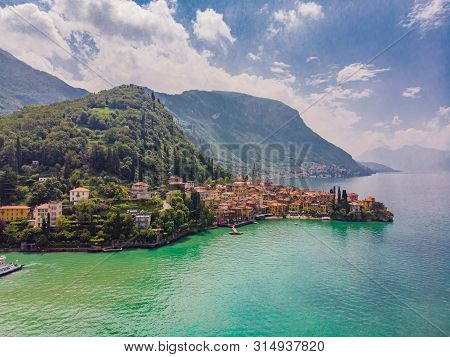 Beautifull Aerial Panoramic View From The Drone To The Varenna - Famous Old Italy Town On Bank Of Co