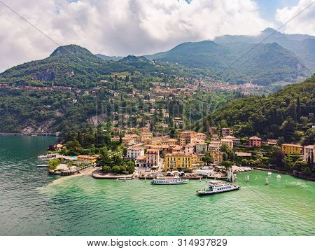 Beautifull Aerial Panoramic View From The Drone To The Varenna - Famous Old Italy Town On Bank Of Co