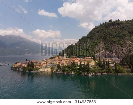 Beautifull Aerial Panoramic View From The Drone To The Varenna - Famous Old Italy Town On Bank Of Co