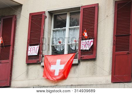 Decoration On A Building On Swiss National Day. National Holiday Of Switzerland, Set On 1st August. 