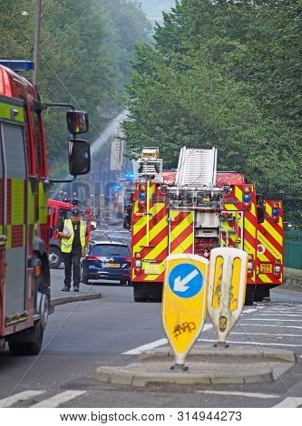 Hebden Bridge, West Yorkshire, United Kingdom - 1 August 2019: Fire Engines In The Road At The Forme