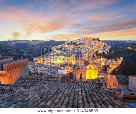 Sunset  At The Old Baroque Town Of Ragusa Ibla In Sicily. Historic Center Called Ibla Builded In Lat