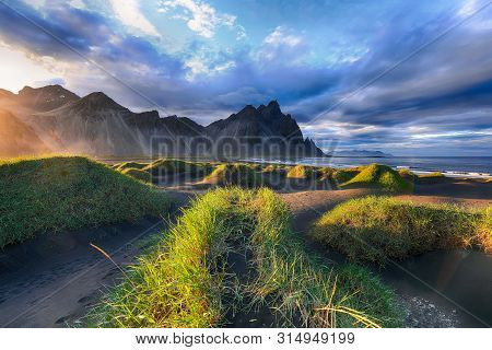 Fantastic Sunny Day And Gorgeous Black Sand Dunes On Stokksnes Cape In Iceland. Location: Stokksnes 