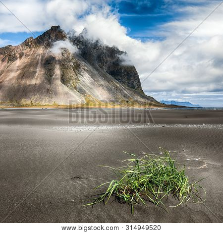 Fantastic Sunny Day And Gorgeous Black Sand Dunes On Stokksnes Cape In Iceland. Location: Stokksnes 