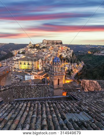 Sunset  At The Old Baroque Town Of Ragusa Ibla In Sicily. Historic Center Called Ibla Builded In Lat