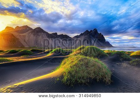 Fantastic Sunny Day And Gorgeous Black Sand Dunes On Stokksnes Cape In Iceland. Location: Stokksnes 
