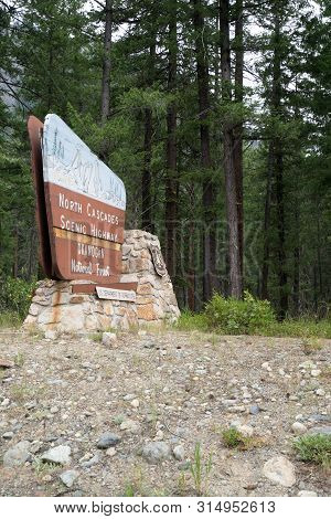 North Cascades, Washington - July 5, 2019: Welcome Sign For The North Cascades Scenic Highway In The