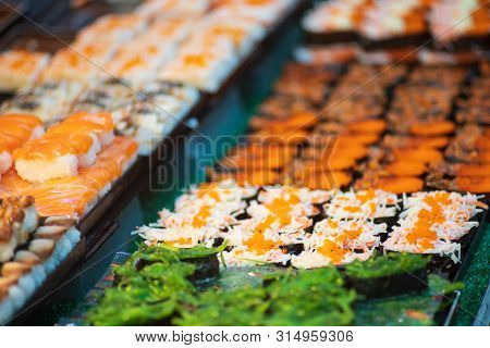 Suchi For Sell In The Supermarket, Suchi Is Japanese National Food Popular Throughout The World
