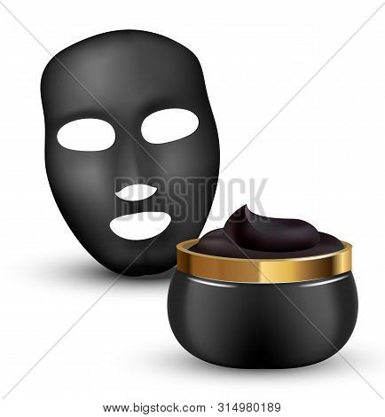 Charcoal Detoxifying Mask Contained In Cosmetic Jar With Elements. Realistic Black Mask. 3d Illustra