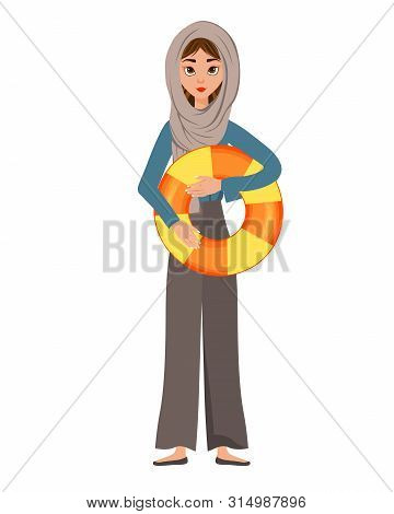 Woman Holiday Character In A Scarf With A Lifebuoy On White Background. Vector Illustration.