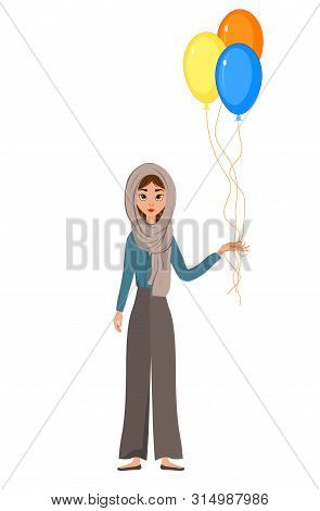 Woman Holiday Character In A Scarf With A Balloons On White Background. Vector Illustration.