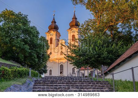 Benedictine Tihany Abbey In The Sunset Lights In Tihany, Balaton, Hungary