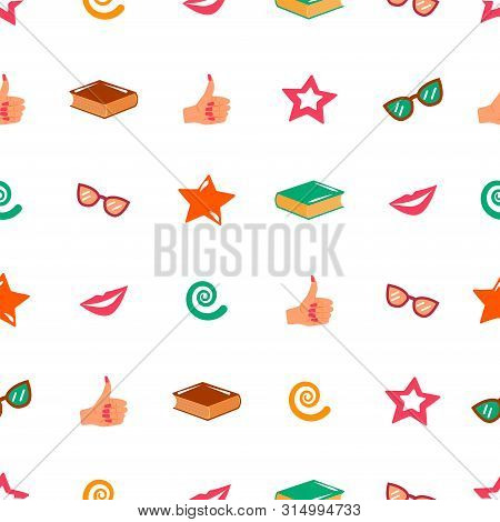 Seamless Pattern On A White Background. Girl Power. Books, Sunglasses, Stars. Vector Illustration