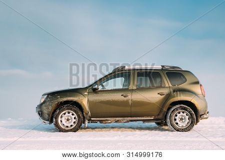 Gomel, Belarus - January 10, 2019: Car Renault Duster Or Dacia Duster Suv Parked On Roadside At Wint