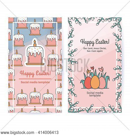 Easter Set Of Postcards, Gift Tags, Web Banners Drawn In A Linear Style With A Stroke. Pattern With 