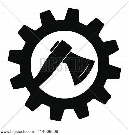 Ax In Gear Icon Stock Illustration Simple Design. Silhouette Of An Ax. Flat Style