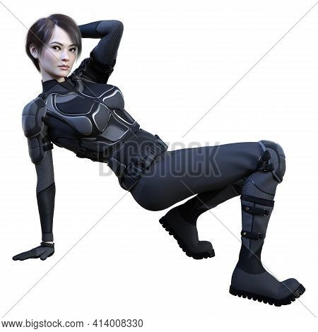3D Rendering Female Sceince Fiction Warrior On White