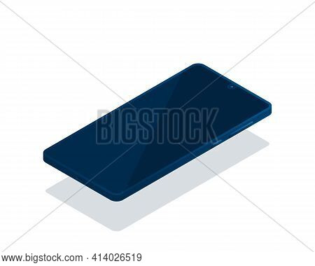 A Smartphone Is In An Isometric View With A Turned-off Screen. The Phone Is Isolated On A White Back