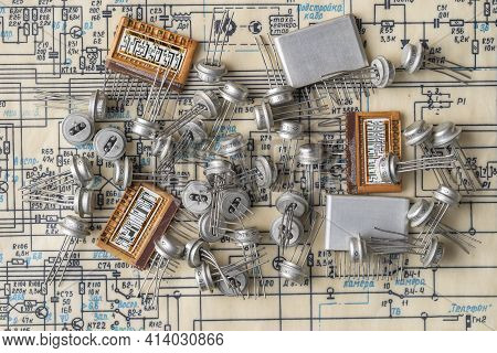 Old Radio Parts And Radio Circuit As Background For Education, Electricity Industries And Repair. El