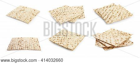 Set With Passover Matzos On White Background, Banner Design. Pesach Celebration