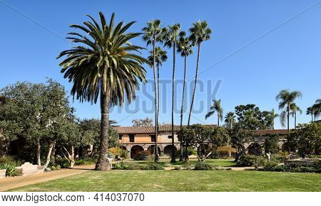 SAN JUAN CAPISTRANO, CALIFORNIA - 12 JAN 2017: Central Courtyard of the 7th mission founded in 1776 by Father Junipero Serra.
