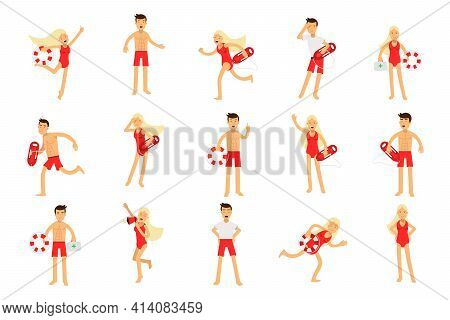 Beach-rescue Man And Woman Character Performing Their Duties Vector Set