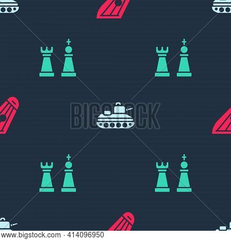 Set Kankles, Military Tank And Chess On Seamless Pattern. Vector
